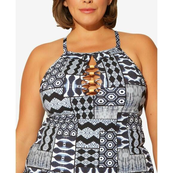 Bleu Rod Beattie Blue Ikat Plus 20W High Neck Lattice-Front Tankini Top Slimming - Picture 1 of 6